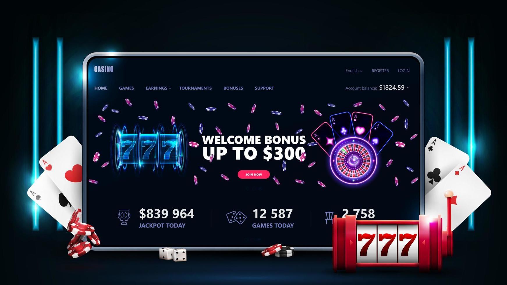 casinò online, banner con tablet, slot machine del casinò, carte e fiches da poker in una scena scura con lampade verticali al neon vettore