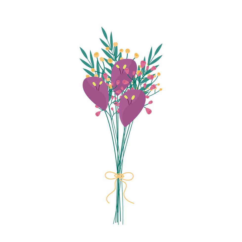 bouquet di fiori isolato. mazzo di diversi fiori di prato freschi e foglie di piante. illustrazione piatta vettoriale