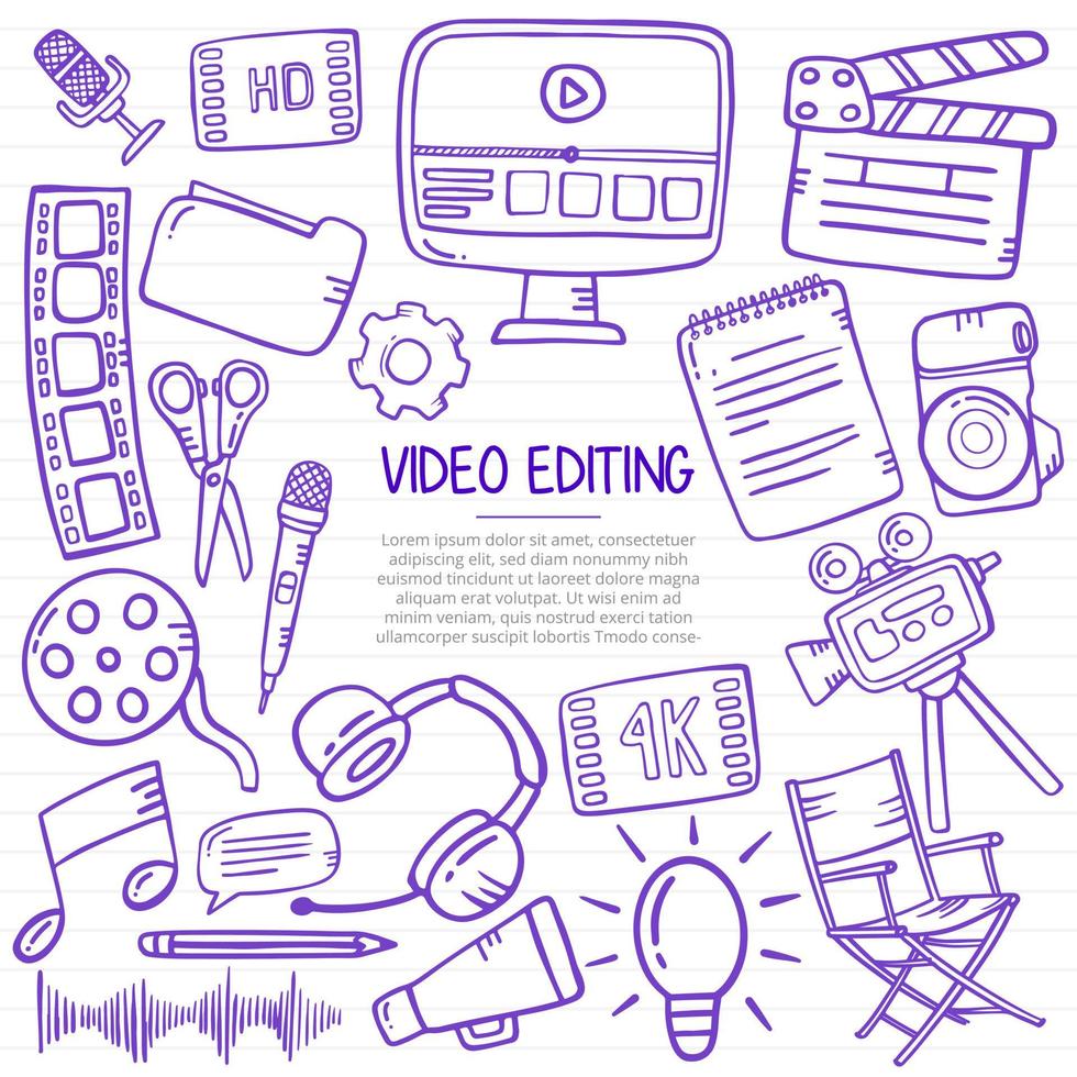 concetto di editing video con stile doodle per modello di banner, volantino, libri e copertina di una rivista vettore