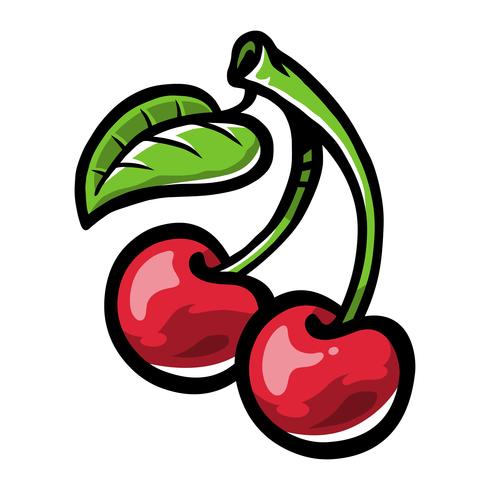 Cartoon Cherry Fruit sul gambo verde con foglia vettore