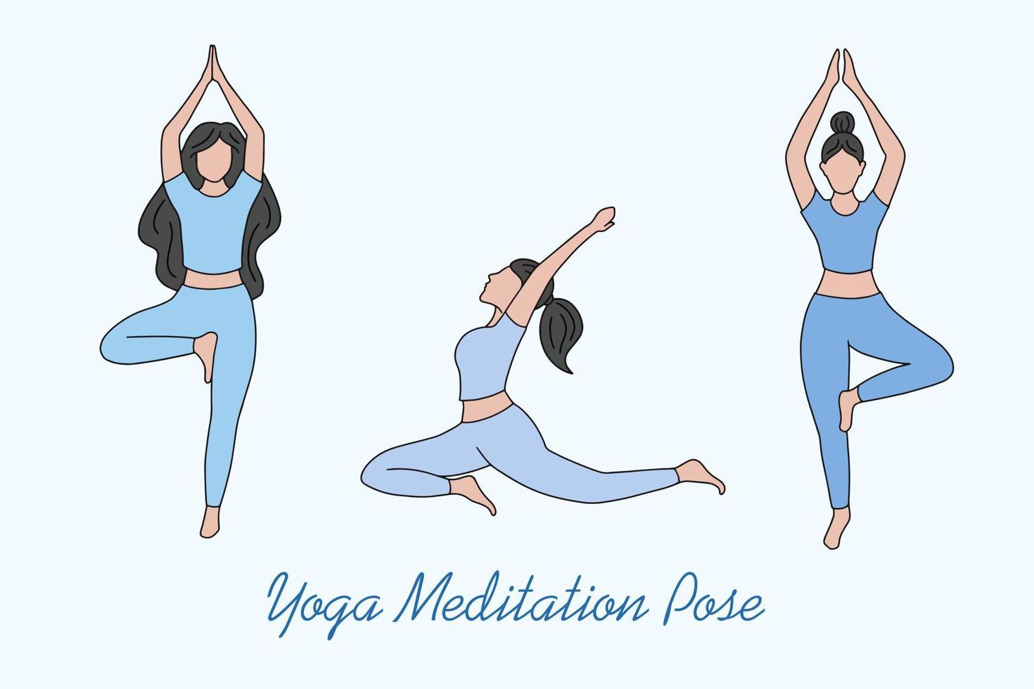 l'insieme della gente di meditazione di yoga della ragazza della donna posa l'illustrazione piana spirituale vettore