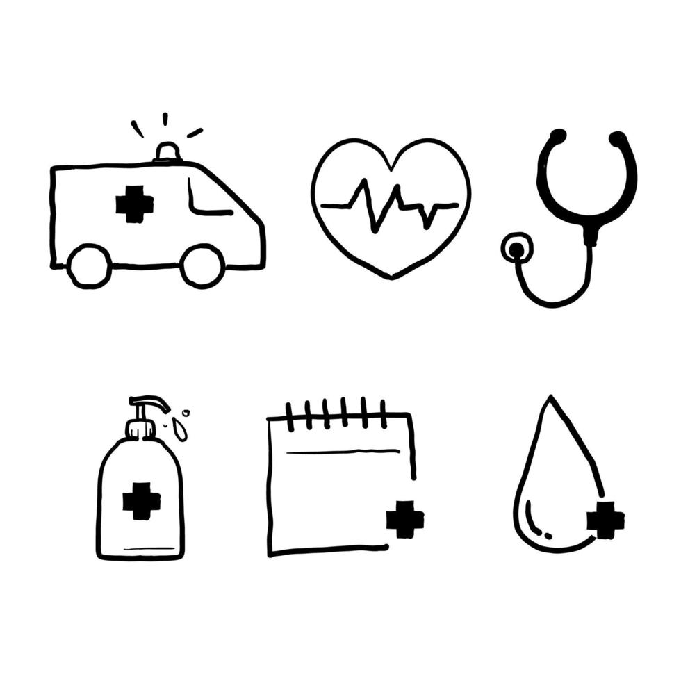 set disegnato a mano di ospedali e cure mediche. raccolta di simboli scarabocchi. vettore