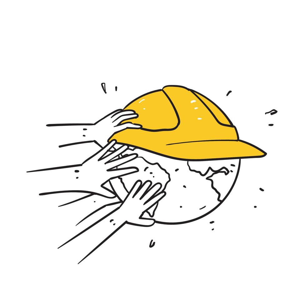 mano doodle disegnato a mano che tiene il globo terrestre con il simbolo del casco giallo per il vettore di illustrazione della giornata della sicurezza nazionale