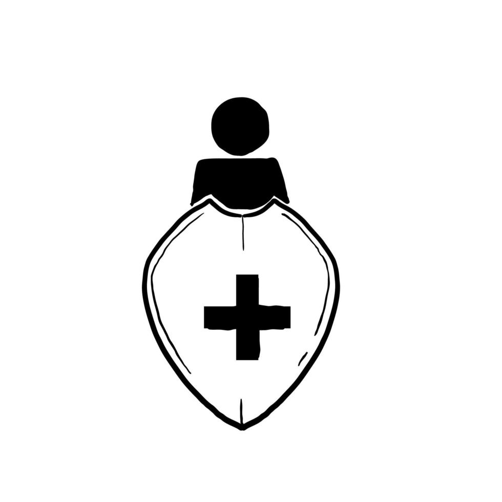 doodle scudo di protezione della salute medica con croce. concetto di protezione della protezione della medicina sanitaria. scarabocchio vettore