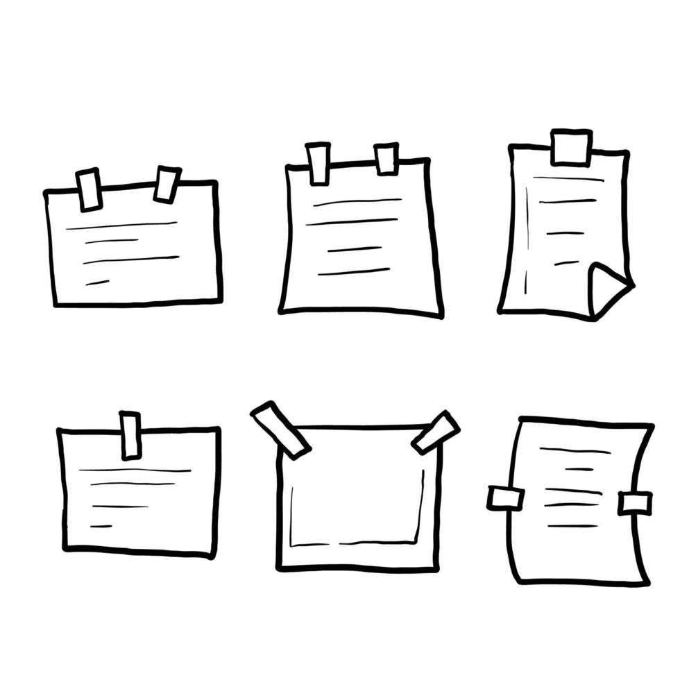 foglio di carta disegnato a mano impostato in stile doodle linea di schizzo isolato su sfondo bianco, pezzi di pagine di taccuini pastello, adesivi per appunti doodle vettore