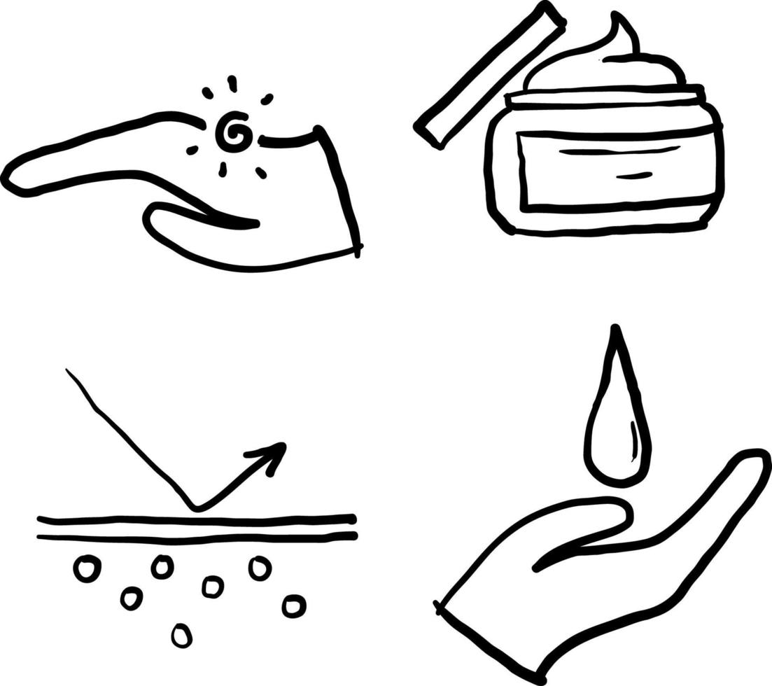 icone della linea di cura della pelle disegnate a mano hanno isolato lo sfondo. set vettoriale di crema solare, elementi di crema medica, protezione skin.doodle