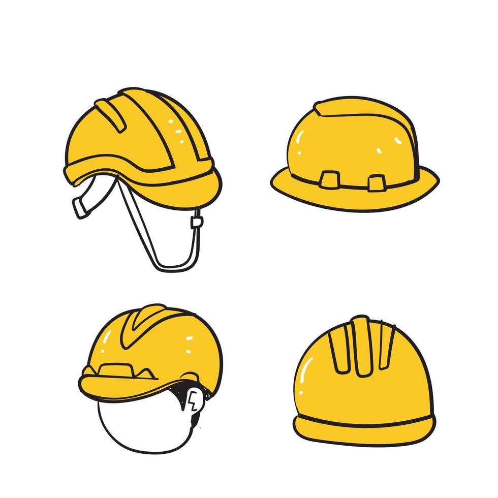 raccolta dell'illustrazione del casco da lavoro giallo doodle disegnato a mano isolato vettore