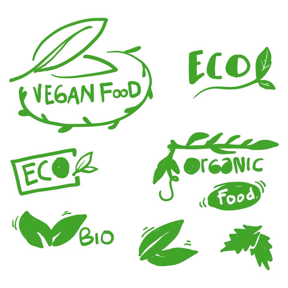 set disegnato a mano di cibo vegano, ecologico, biologico, fresco, sano, 100 percento, naturale. prodotto naturale. raccolta di emblem cafe, badge, tag, packaging.doodle vettore