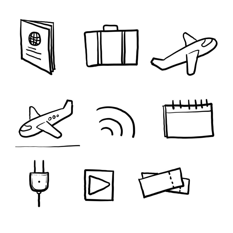 icone della linea vettoriale relative all'aeroporto disegnate a mano. contiene icone come partenza, biglietti, ritiro bagagli. scarabocchio