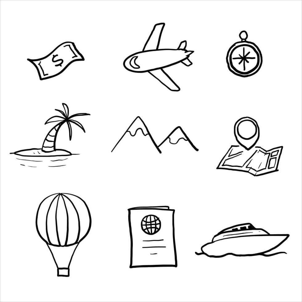 tour disegnato a mano e contorno di viaggio set di icone illustrazione vettoriale stile doodle