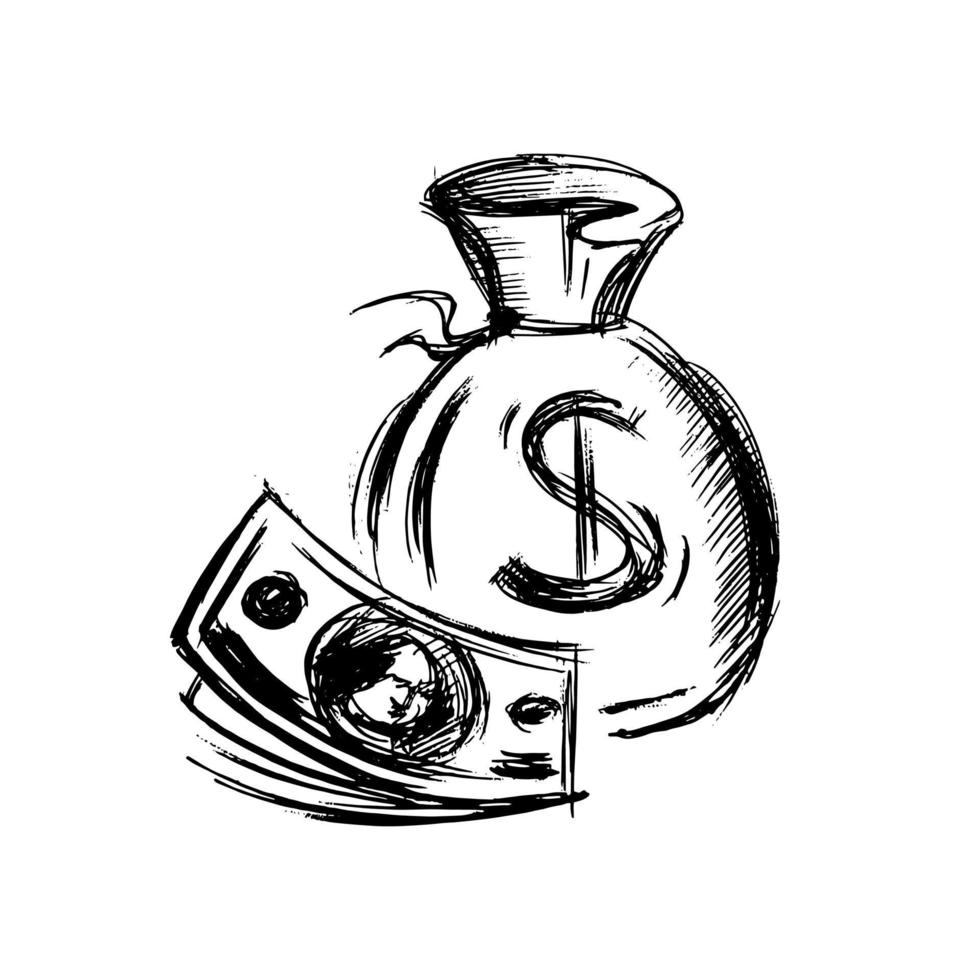 portafoglio. schizzo del dollaro. valuta - illustrazione vettoriale disegnato a mano. finanza nel mondo degli affari e dell'economia. grande risparmio