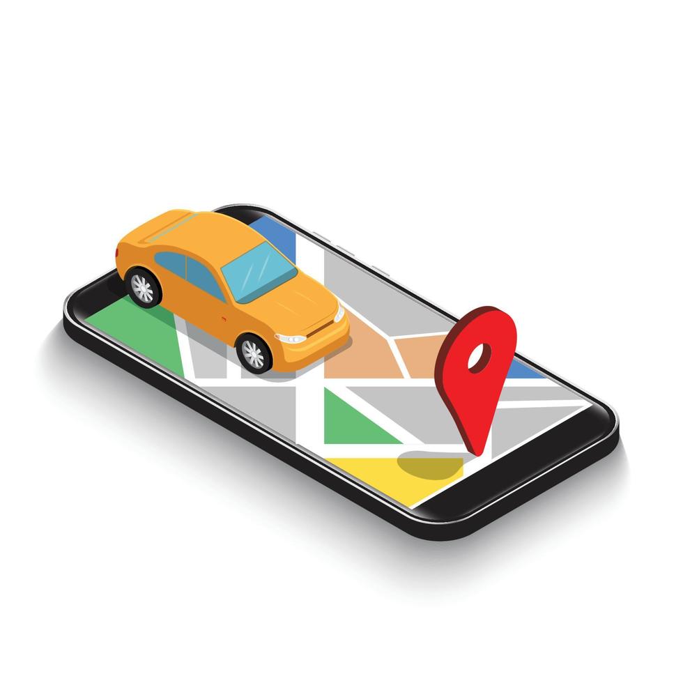 l'auto isometrica 3d piatta utilizza l'applicazione di navigazione della mappa gps sullo smartphone. concetto di tecnologia di navigazione della mappa gps mobile. vettore