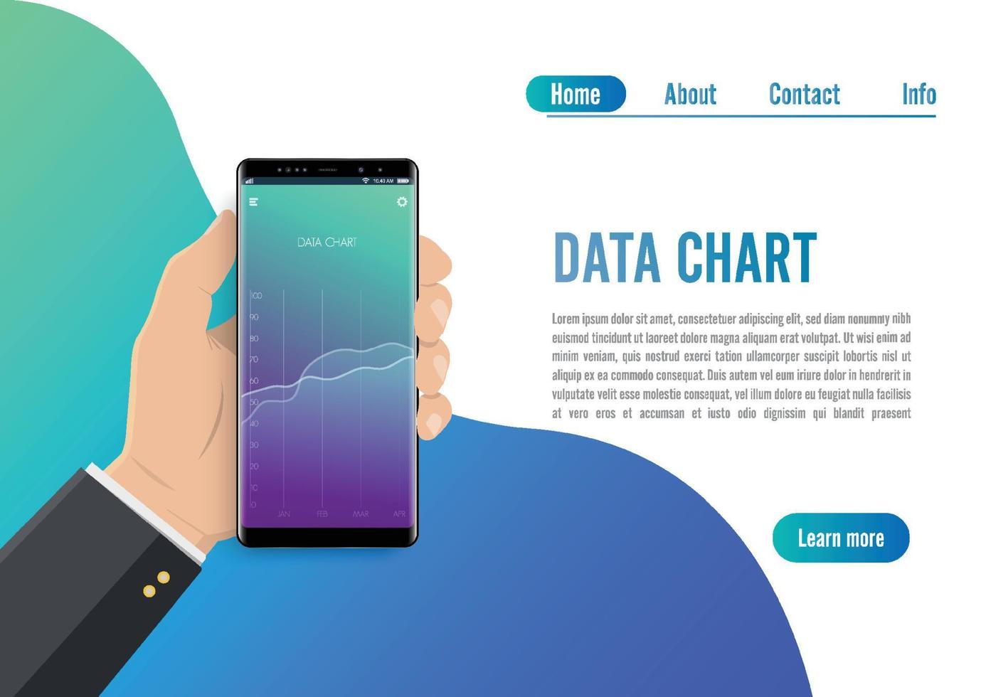 analisi dell'andamento del mercato su smartphone con grafico a linee e grafici. la mano tiene il telefono. concetto di grafico dati. marketing dei dati di concetto di design piatto. visualizzare con grafico e grafico la crescita del marketing vettore