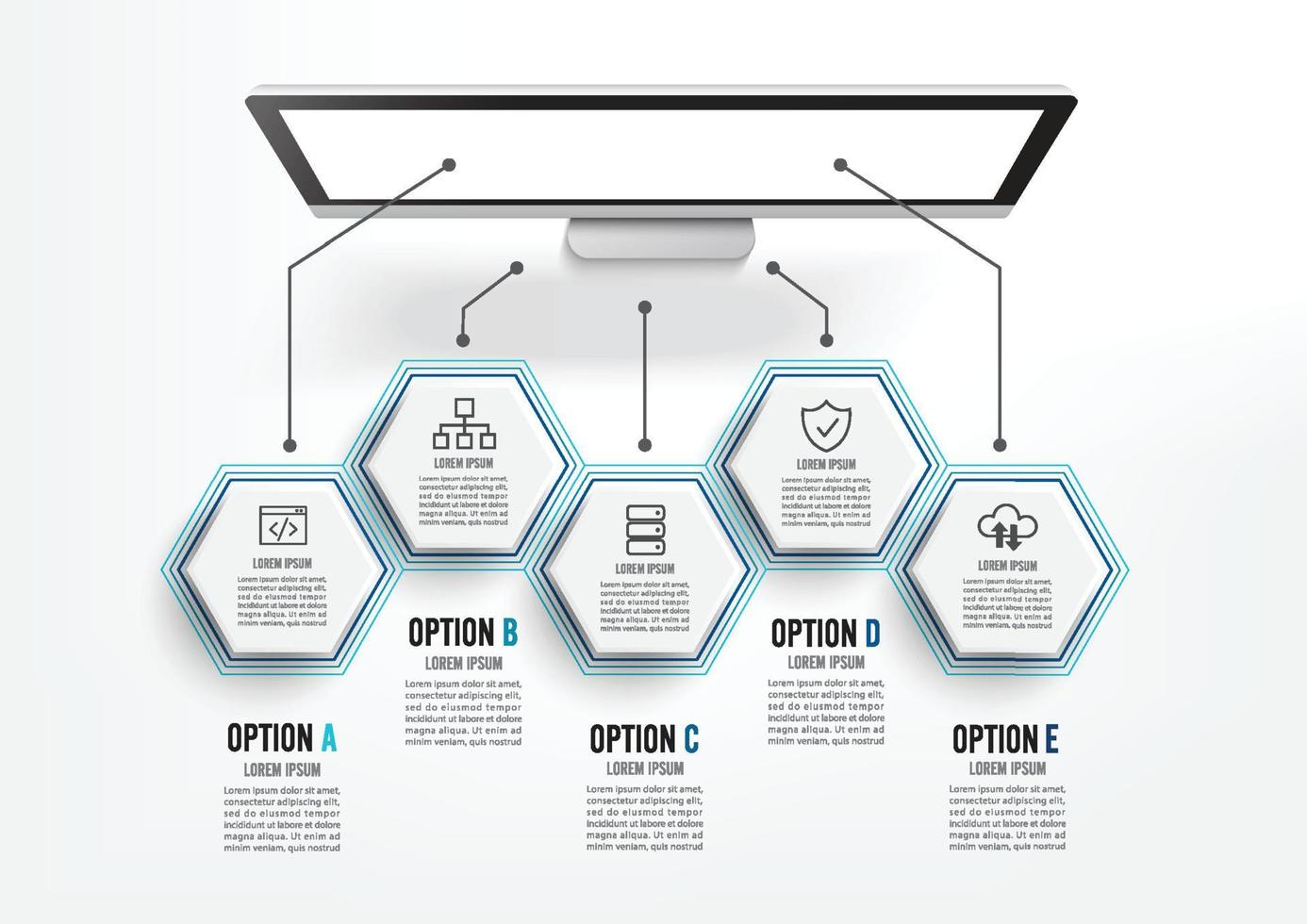 desktop di lavoro realistico. tavolo da scrivania vista dall'alto, personal computer. elementi infografici del settore. vettore