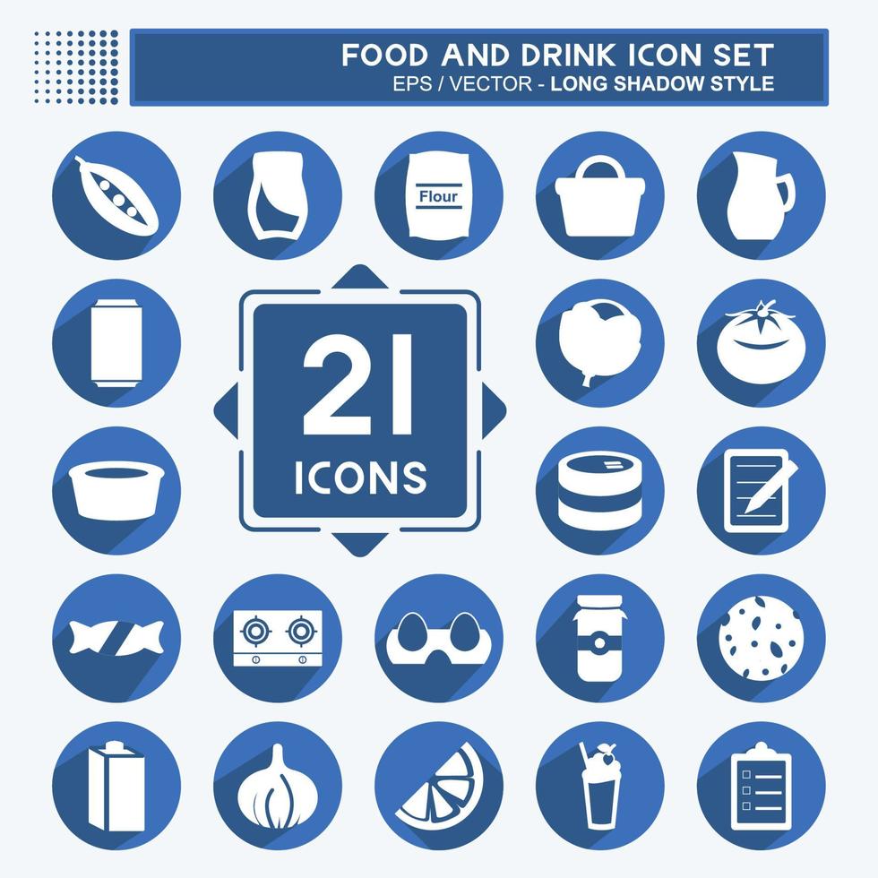 set di icone di cibo e bevande in stile ombra lunga alla moda isolato su sfondo blu morbido vettore