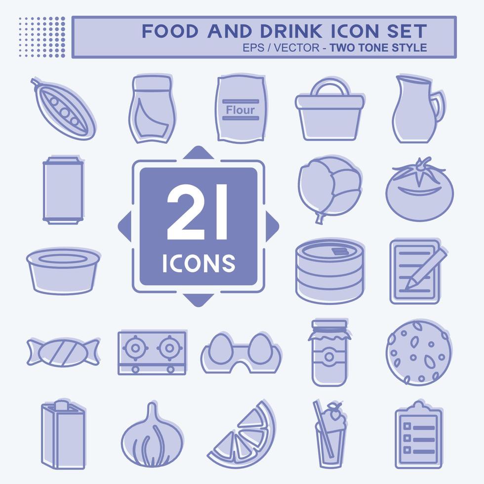 set di icone di cibo e bevande in stile bicolore alla moda isolato su sfondo blu morbido vettore