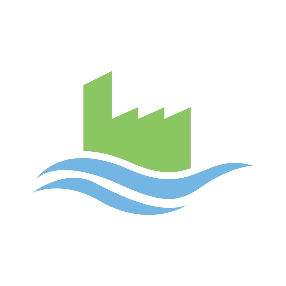 edificio industriale di fabbrica con disegno dell'icona del vettore del logo del fiume del mare dell'acqua