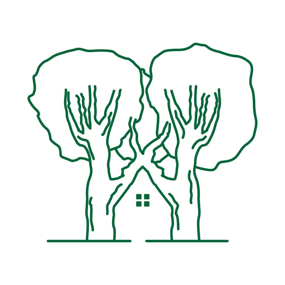 casa con disegno dell'illustrazione dell'icona del vettore del logo della linea della foresta di alberi