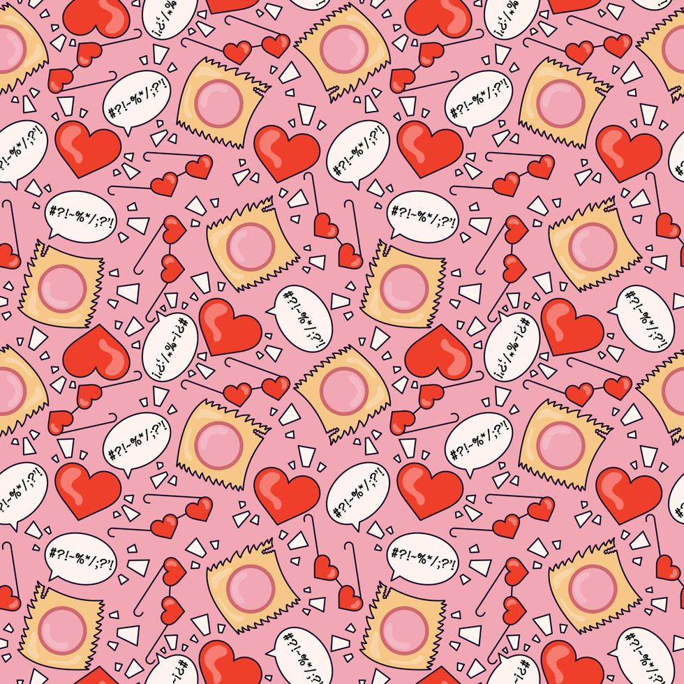 cuori rossi, occhiali a cuore, messaggio e involucri sullo sfondo rosa in stile cartone animato degli anni '70. modello astratto senza cuciture. illustrazione. illustrazione vettoriale