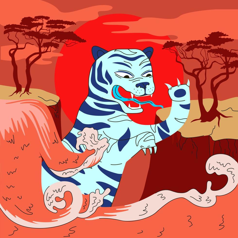 poster del capodanno cinese del poster della tigre dell'acqua blu. biglietto di auguri con il tradizionale simbolo annuale della Cina. banner disegnato a mano al calendario orientale 2022 anni. illustrazione astratta di vettore di disegno popolare asiatico
