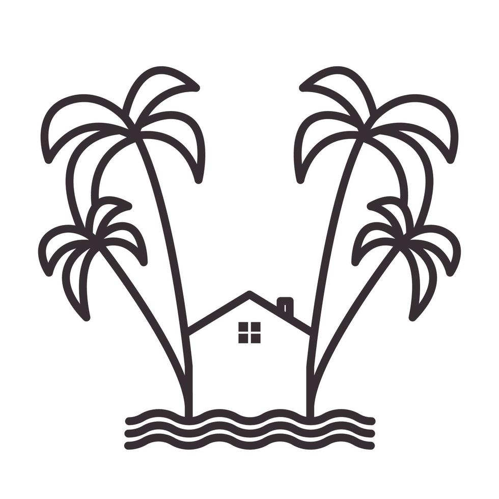 alberi di cocco con l'illustrazione del design dell'icona del simbolo del vettore del logo delle linee domestiche della spiaggia
