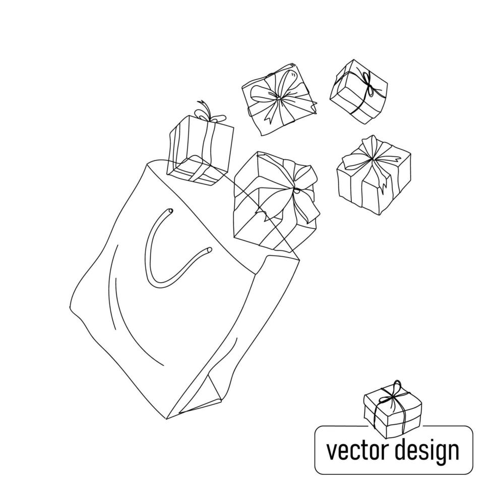 sacchetto di carta con scatole regalo volanti, illustrazione vettoriale disegnata in uno stile lineare, linea di schizzo, isolata su sfondo bianco. giorno di Santo Stefano. incartamento di regalo