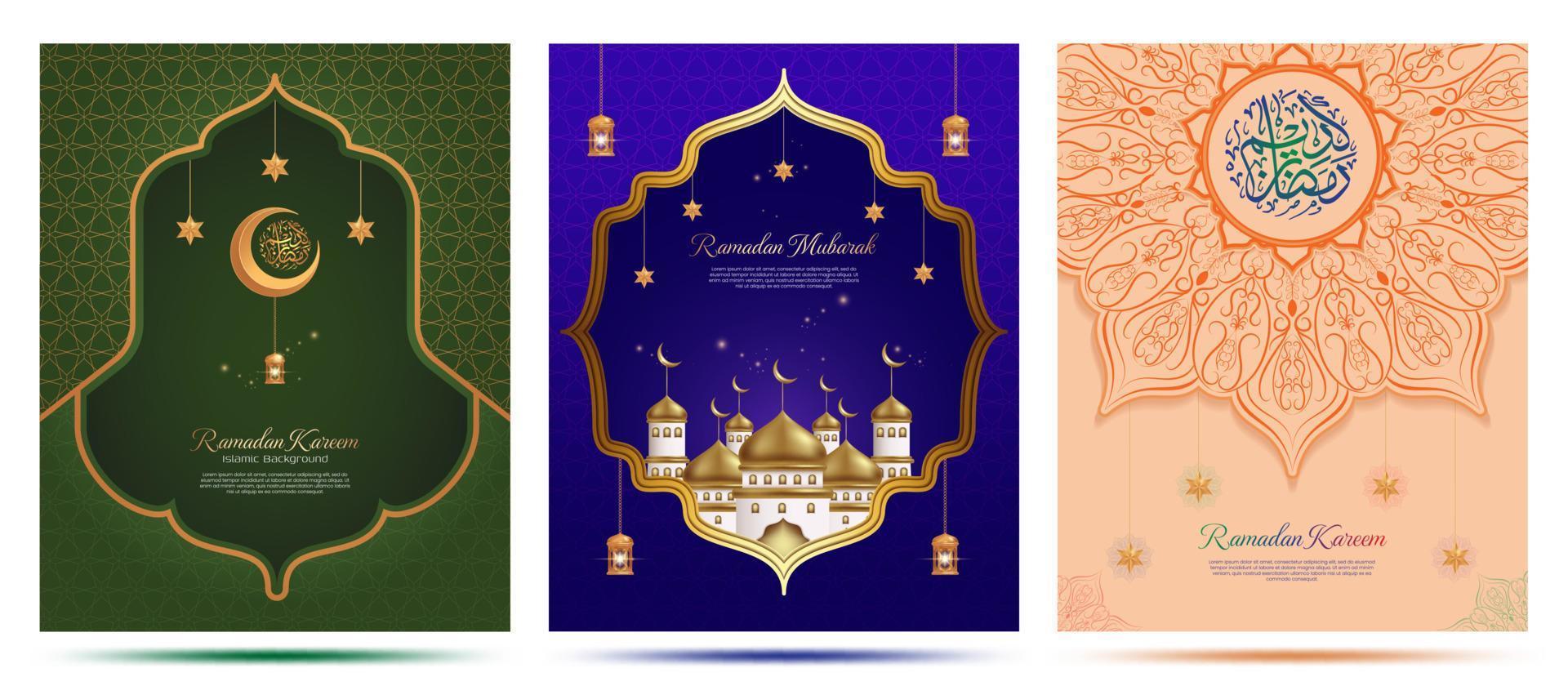 set di saluti islamici ramadan kareem card design template background con lanterna realistica, calligrafia moderna, illustrazione realistica della moschea e bella decorazione mandala. vettore