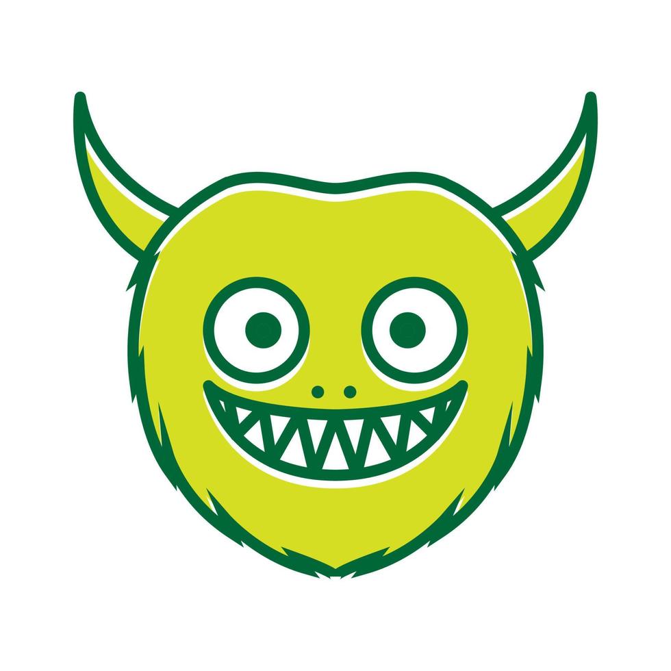 simpatico cartone animato mostro felice sorriso testa con logo verde corno icona illustrazione disegno vettoriale