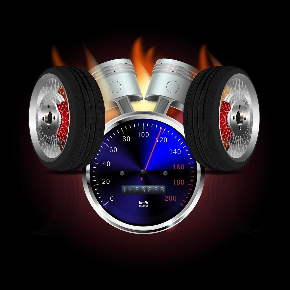 vettore 3d realistico, sfondo da corsa, tachimetro con pistoni e ruote in fiamme.