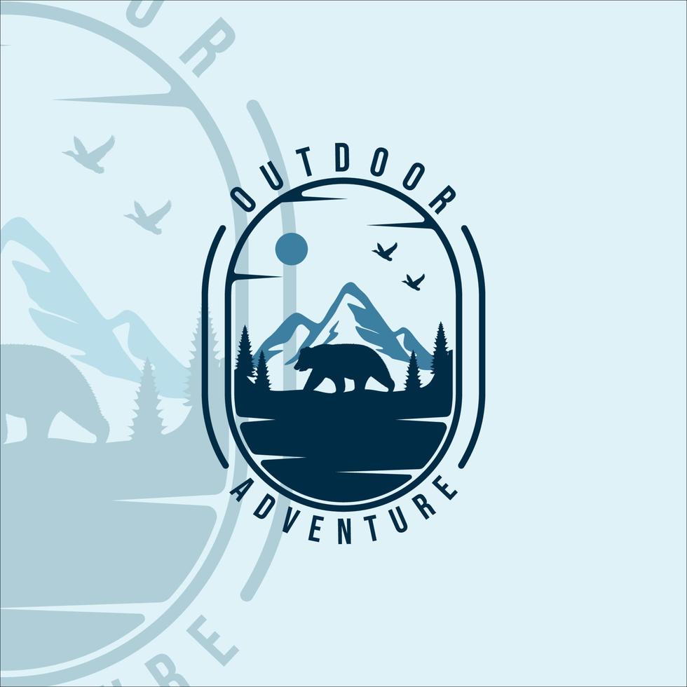 logo di montagna e orso vintage illustrazione vettoriale modello icona graphic design. simbolo di avventura all'aria aperta con badge retrò e tipografia