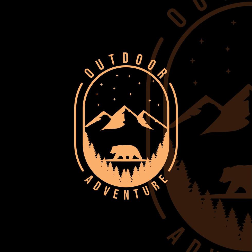 logo di montagna e orso vintage illustrazione vettoriale modello icona graphic design. avventura all'aperto di notte nella foresta con concetto di badge retrò e stile tipografico