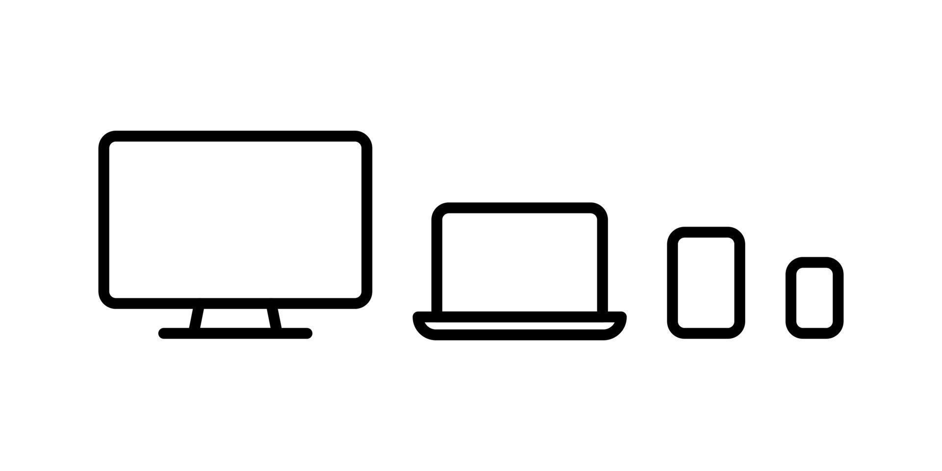 smartphone, tablet, laptop e computer con salvaschermo vuoto isolato su sfondo bianco. illustrazione di contorno vettoriale d'archivio