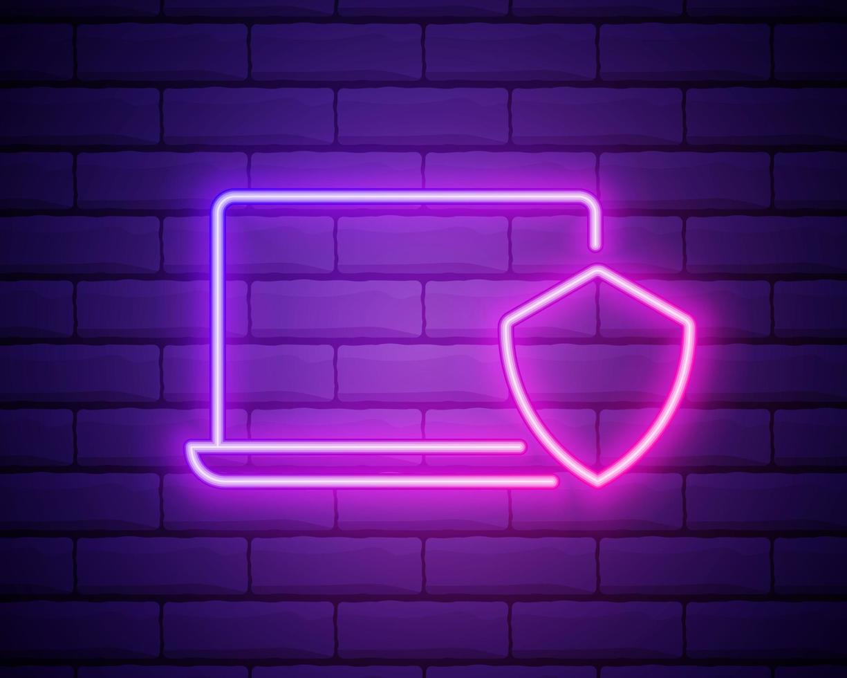computer portatile al neon luminoso protetto con icona scudo isolato su sfondo muro di mattoni. sicurezza del pc, tecnologia firewall, sicurezza della privacy. vettore
