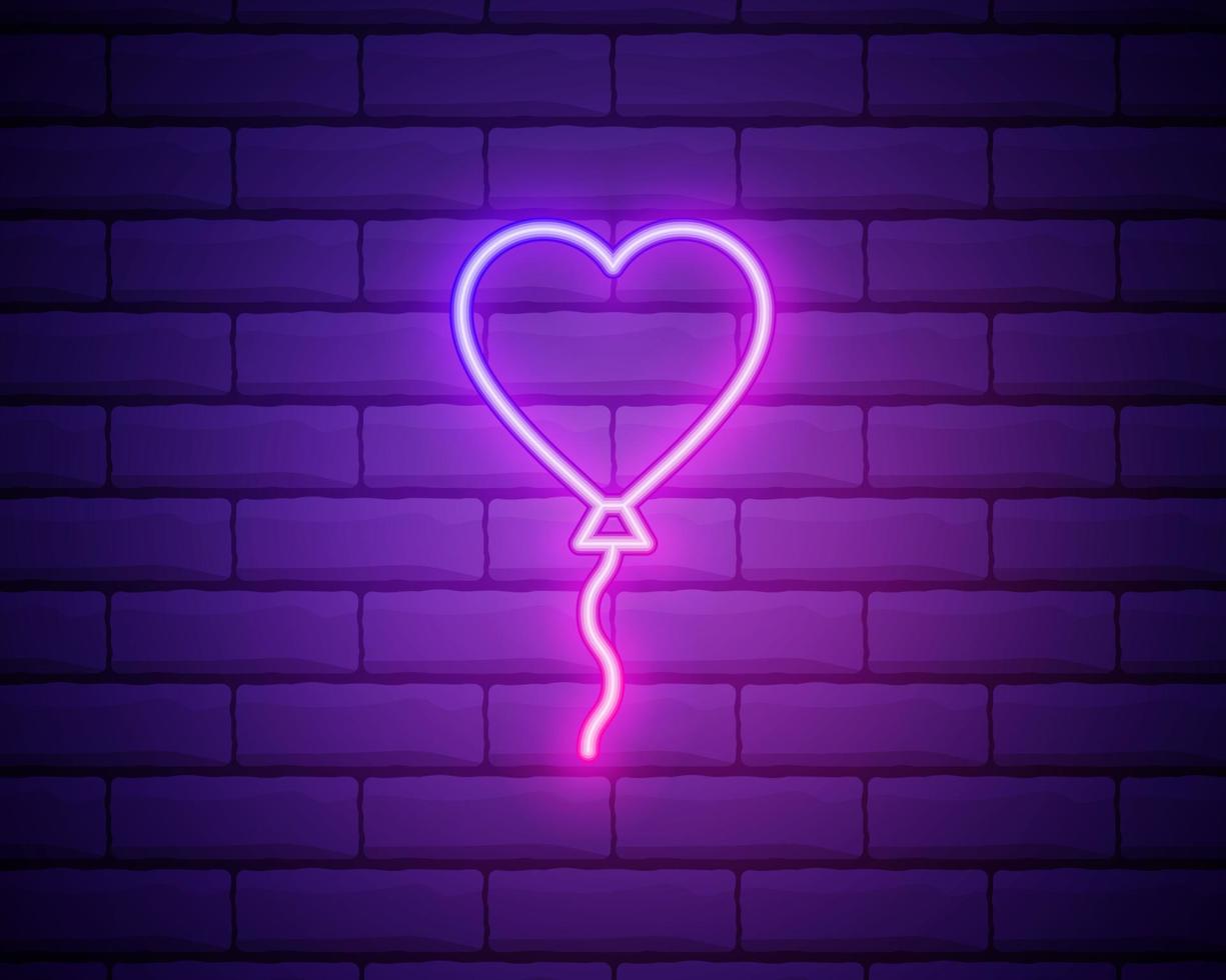 palloncino di linea al neon incandescente a forma di cuore con icona a nastro isolata su sfondo di muro di mattoni scuri. San Valentino. vettore