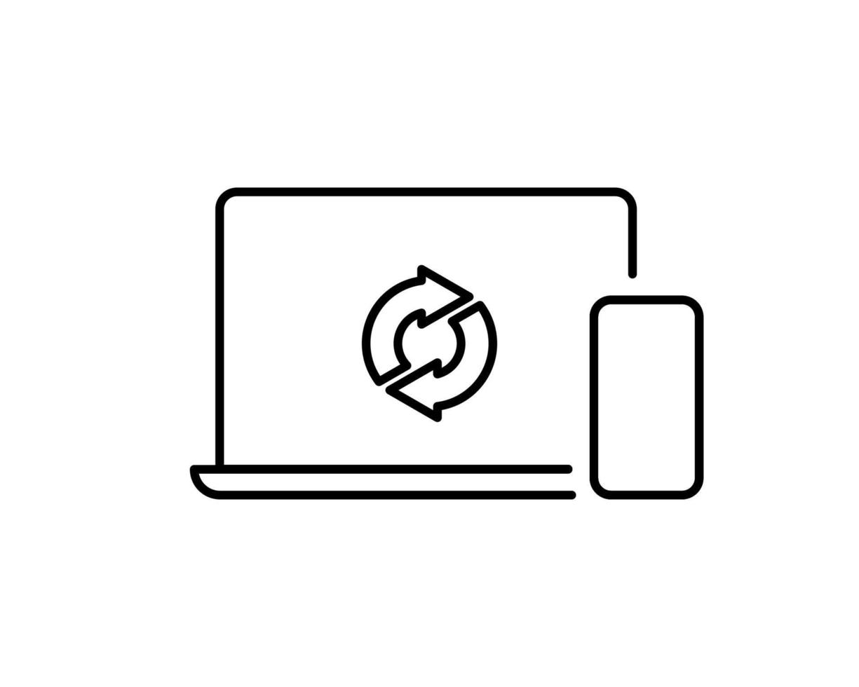 icona della linea di smartphone e laptop. connesso o sincronizzazione di dispositivi pittogramma lineare. sincronizzazione dell'icona della struttura del telefono cellulare e del computer. tratto modificabile. illustrazione vettoriale isolata.