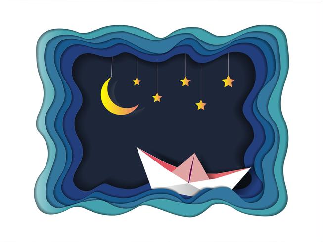 La barca sta navigando nel mare sotto la luce della luna e le stelle, Buonanotte e il dolce sogno origami concetto mobile. vettore