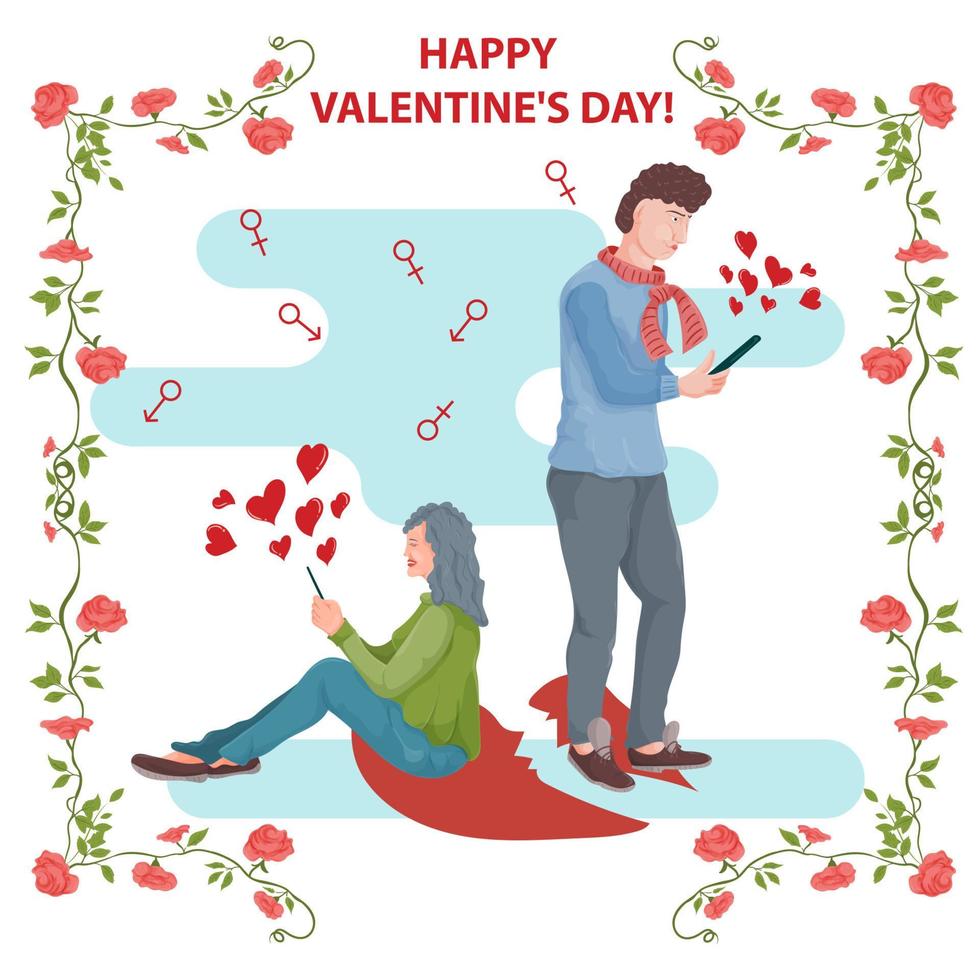 un'illustrazione in stile piatto per le vacanze di San Valentino in una cornice di fiori, un ragazzo e una ragazza hanno il cuore spezzato e comunicano nei telefoni vettore