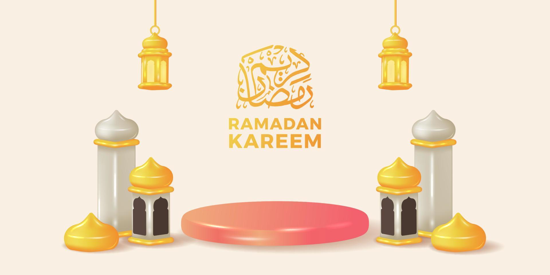 3d simpatica moschea lanterna e mezzaluna lunare con decorazione scenica del podio cilindrico di colore pastello per la festa dell'evento islamico ramadan vettore