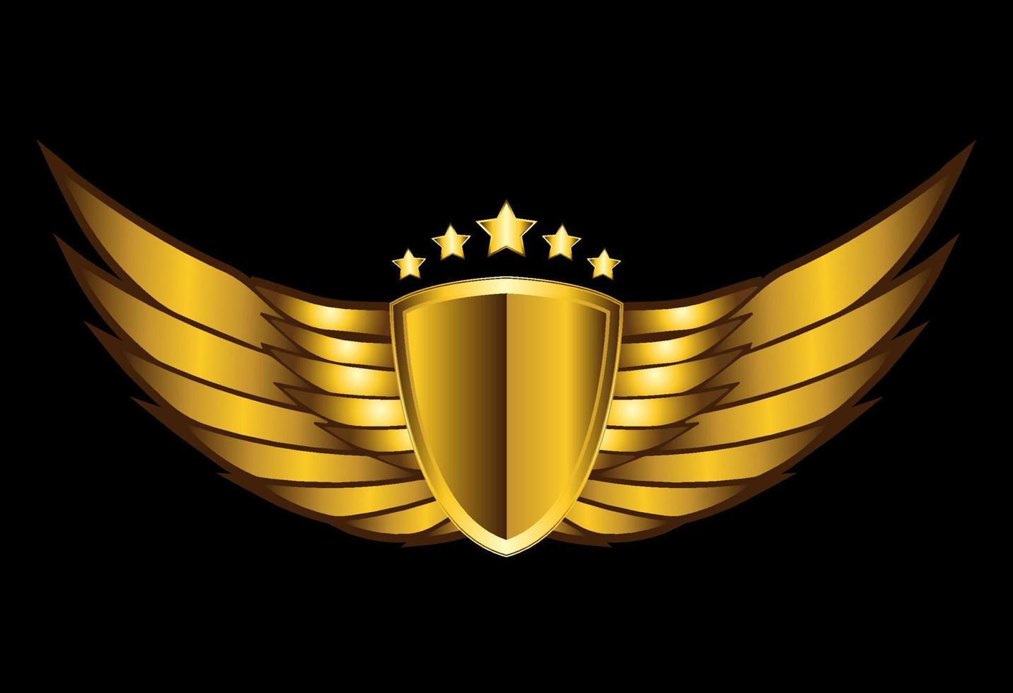 Logo in oro alato con scudo 3d con cinque stelle su sfondo scuro vettore