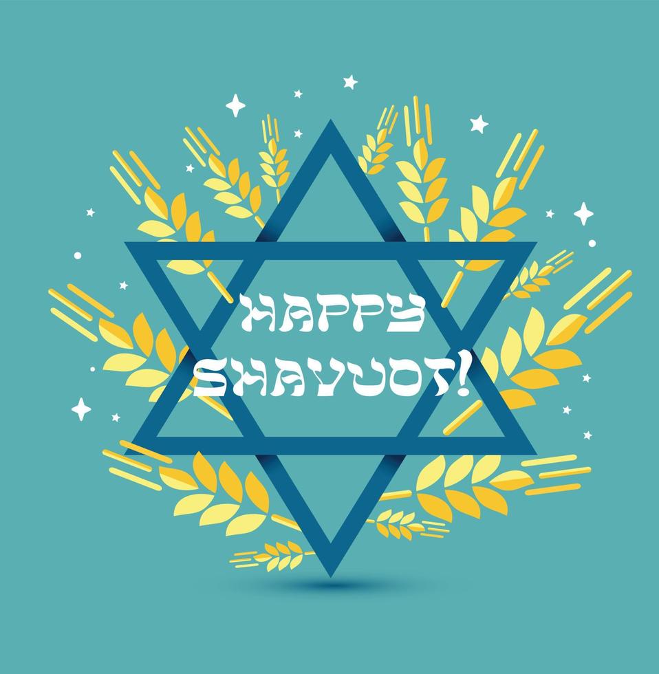felice shavuot. festa giudaica. biglietto di auguri di israele. illustrazione vettoriale con congratulazioni in una cornice di spighette di grano su sfondo blu con stella blu di David.