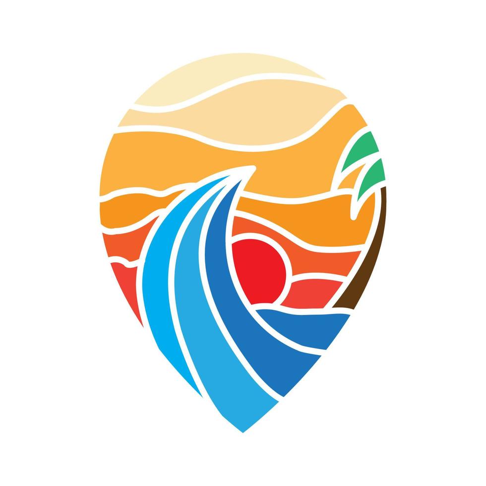 pin posizione mappa con onda spiaggia astratta con logo tramonto simbolo icona illustrazione grafica vettoriale