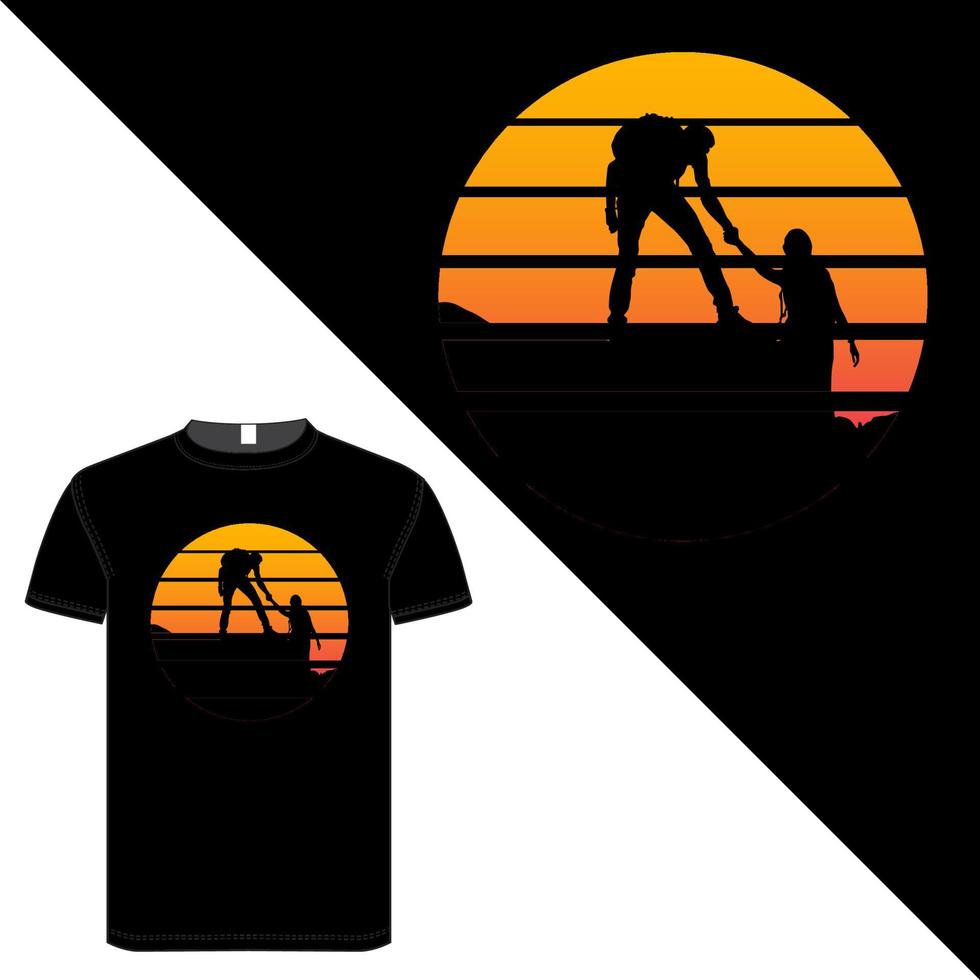 design di t-shirt di colore nero su silhouette e montagna vettore