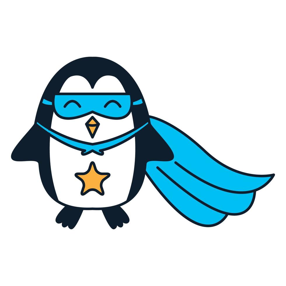 pinguino come supereroe simpatico cartone animato logo illustrazione vettoriale