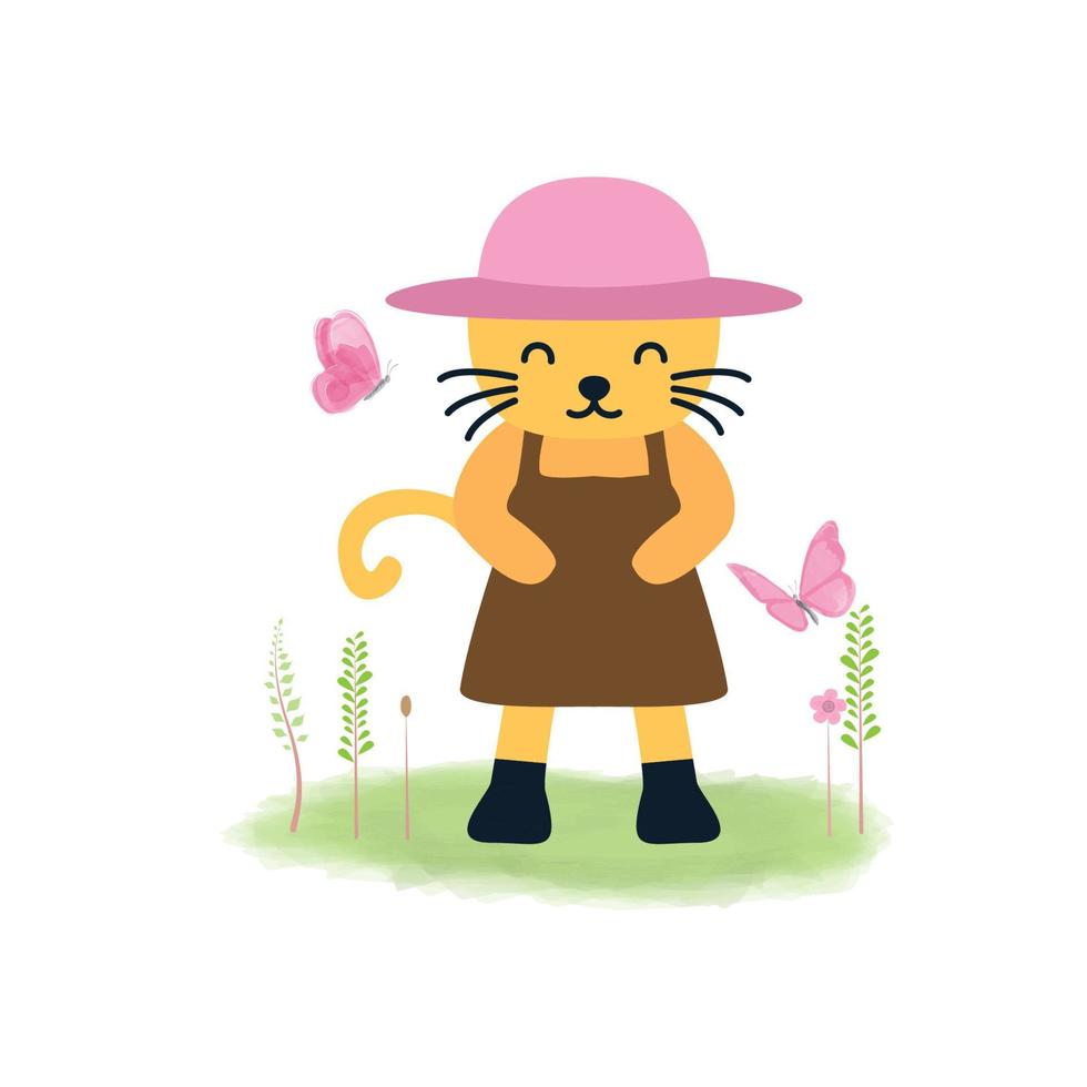 illustrazione simpatico cartone animato animale gatto o gattino che gioca con la farfalla logo astratto icona vettore