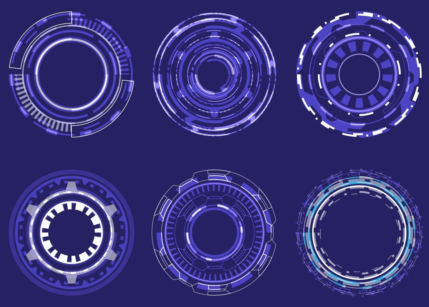 cerchio olografico futuristico di elementi di messa a fuoco. design rotondo fantascientifico. mirino del collimatore militare. raccolta di hud di ingegneria. set di mirini della fotocamera vettore