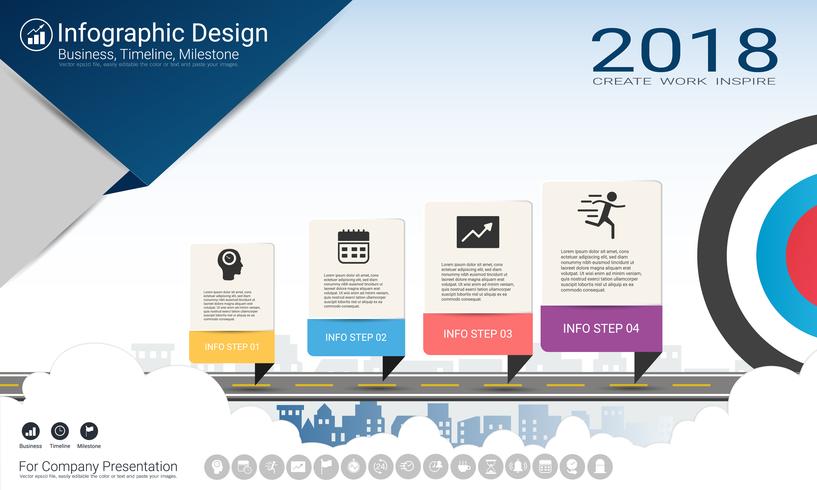 Rapporto infografica aziendale, cronologia di Milestone o mappa stradale con opzioni del diagramma di flusso Process 4. vettore