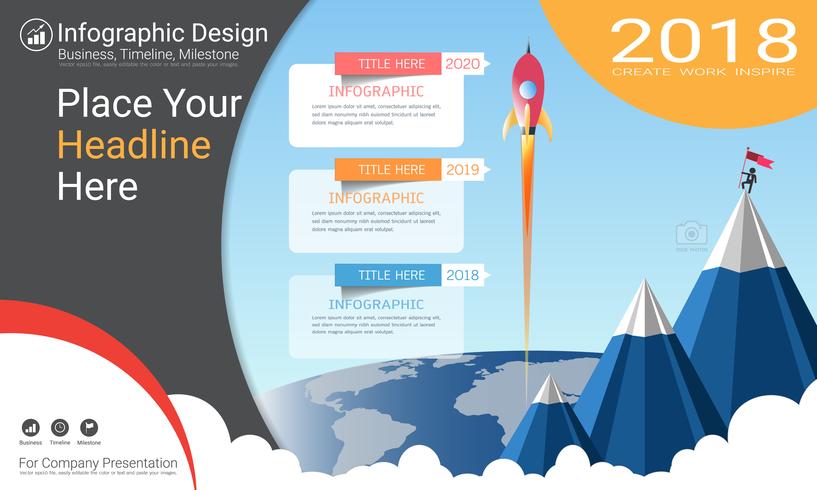 Rapporto infografica aziendale, cronologia di Milestone o mappa stradale con opzioni del diagramma di flusso del processo 3. vettore