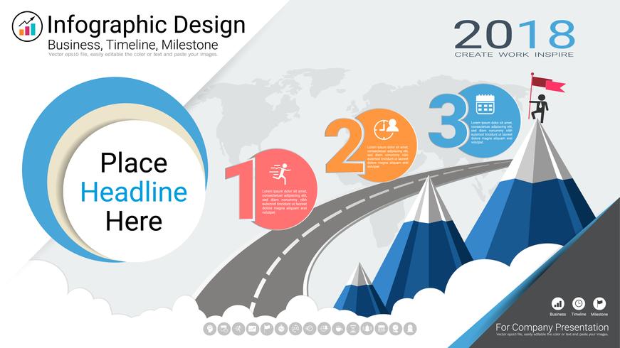 Rapporto infografica aziendale, cronologia di Milestone o mappa stradale con opzioni del diagramma di flusso del processo 3. vettore