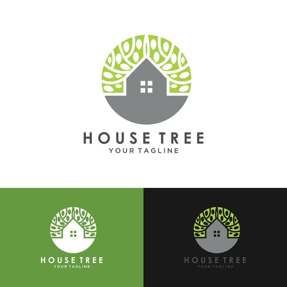 illustrazione del modello di progettazione del logo della casa sull'albero. vettore di progettazione del logotipo della casa dell'albero, logo della casa ecologica della natura