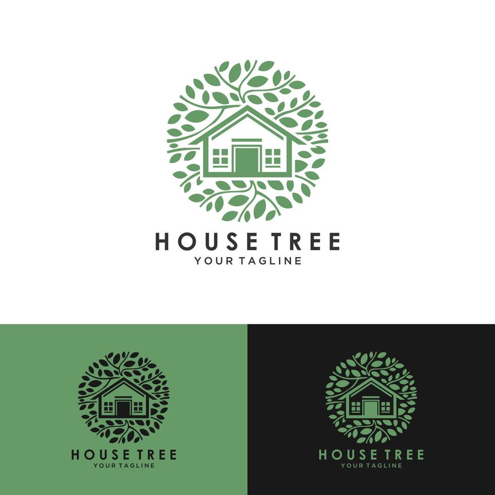 illustrazione del modello di progettazione del logo della casa sull'albero. vettore di progettazione del logotipo della casa dell'albero, logo della casa ecologica della natura